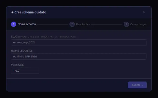Wizard Crea schema guidato — 3 step