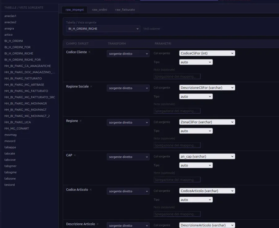 Mapper Builder  mappatura visiva tabelle sorgente e campi target
