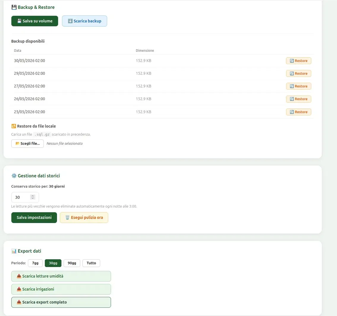 Tab Sistema NestGrow — backup, dati storici ed export